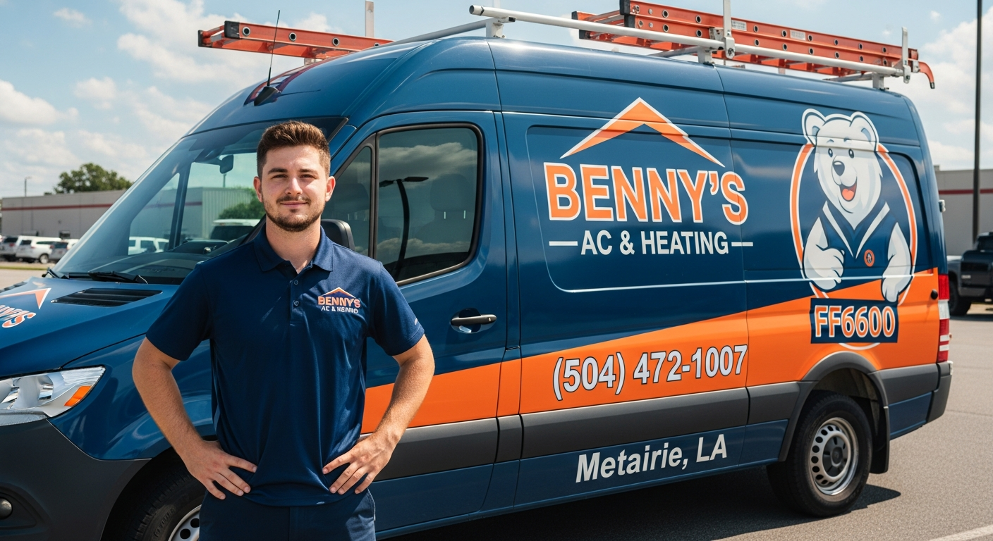 Owner standing in front of Benny's AC & Heating service van